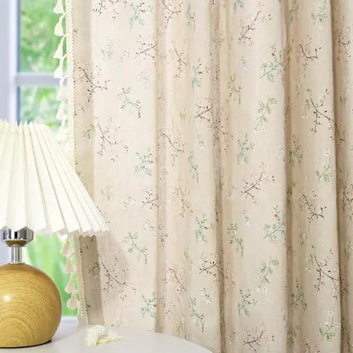 Floral Curtains Farmhouse Curtains for Living Room 63 Inch Length Linen Floral Patterned French Country Curtains Rod Pocket Bedroom Curtains with Tassel 2 Panels